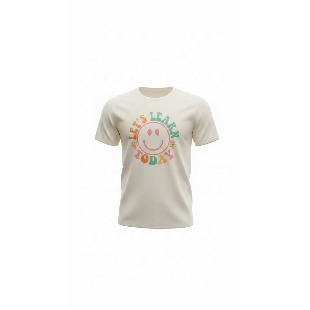 Let's Learn Today Graphic T-Shirt 2XL Retro Smiley Face Cream Short Sleeve Tee